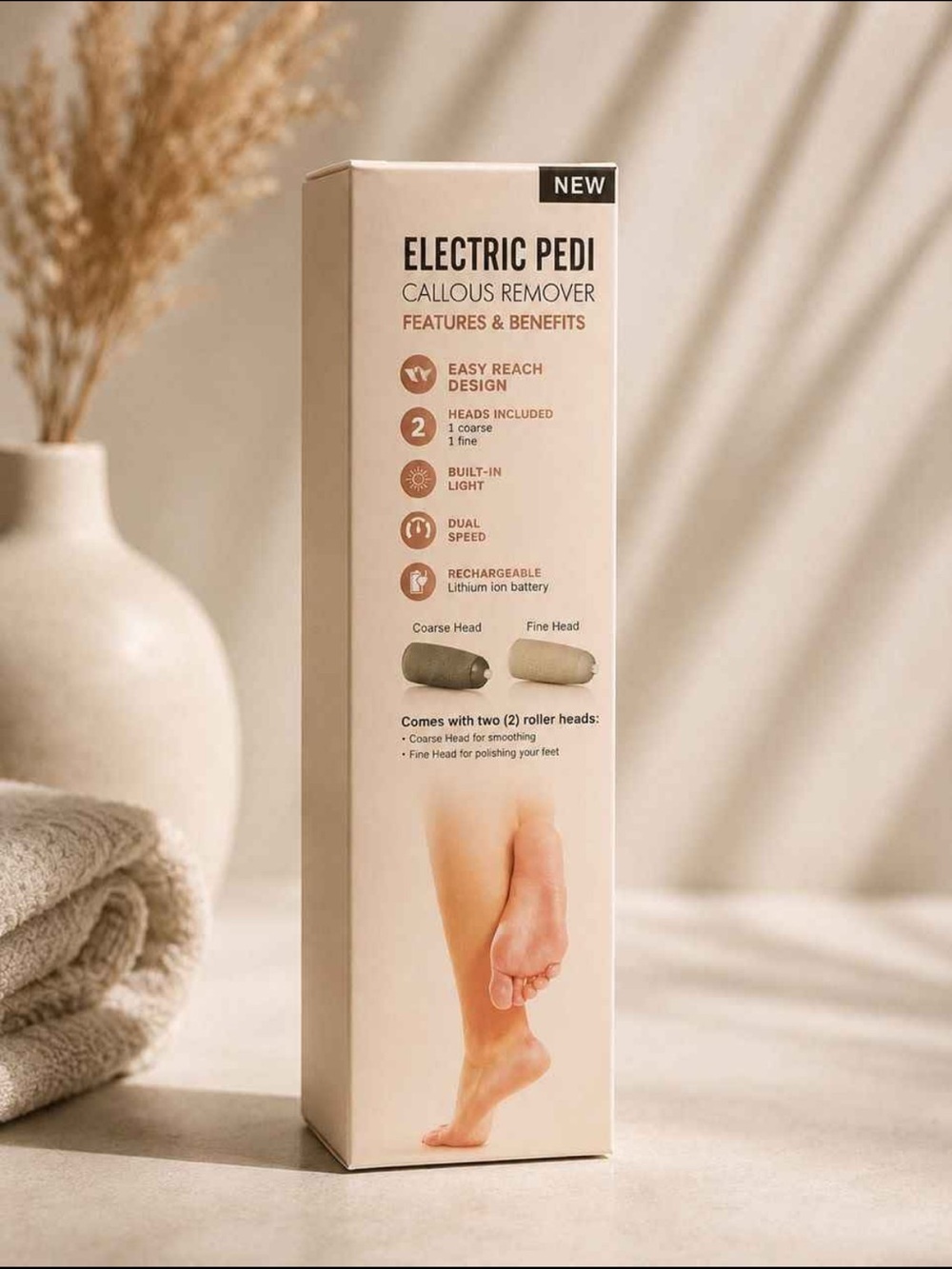 Electric Pedi Callous Remover - Rechargeable- Built in Light - 2 Rollers Heads